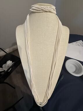 Vintage Multi Strand White Plastic Bead Necklace 54”